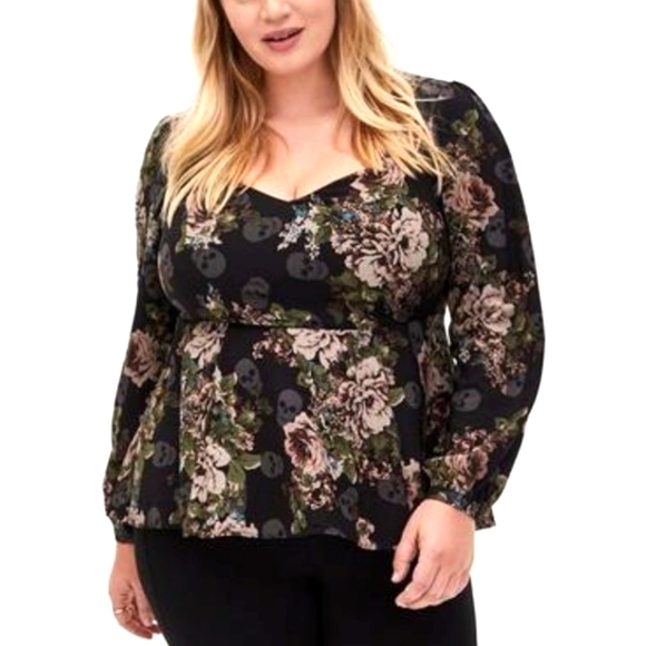 Torrid Peplum Crepe Floral Skull Print Top 2X Whimsigoth Babydoll - Picture 1 of 16